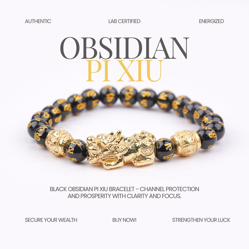 Black obsidian Pi Xiu bracelet with gold accents on a white background