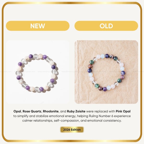 Two Ruling Number (मूलांक) 6 Bracelet on a beige background with text about material changes and benefits.