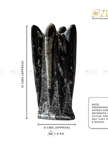 Kuber Stone sculpture with dimensions on a white background, featuring the 'Zen' brand.