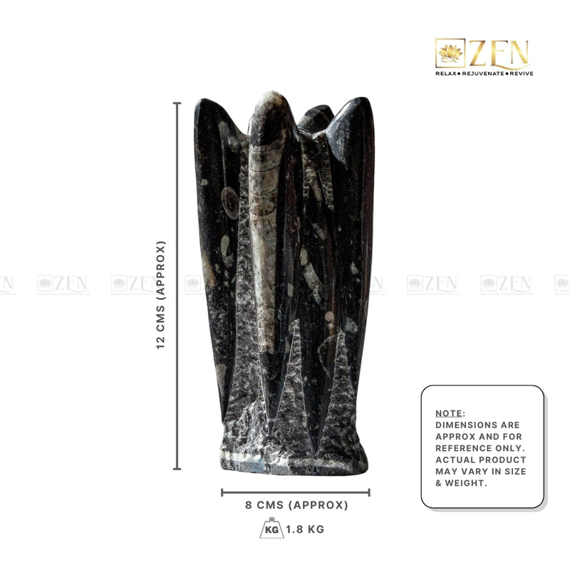 Kuber Stone sculpture with dimensions on a white background, featuring the 'Zen' brand.