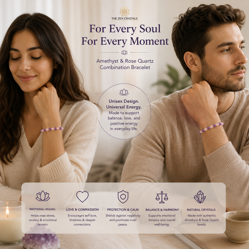Two people wearing Amethyst & Rose Quartz combination bracelets with product details.