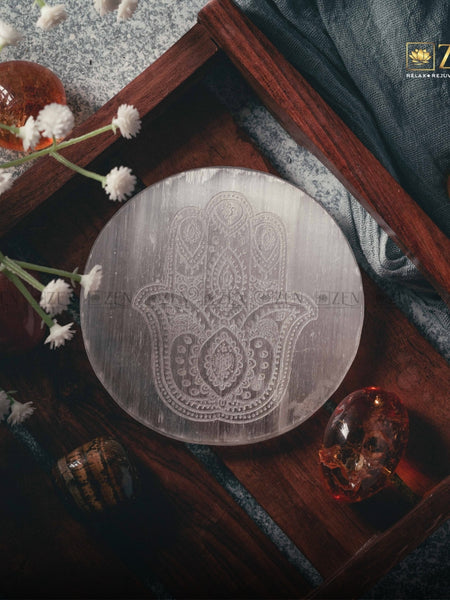 selenite plate with hamsa hand | the zen crystals