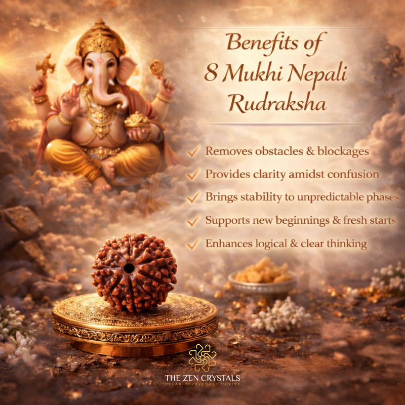 Ganesh statue with 8 Mukhi Nepali Rudraksha and its benefits listed on a warm-toned background.