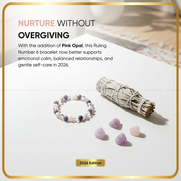 Ruling Number (मूलांक) 6 Bracelet 2026 with pink opal stones, crystals, and incense on a white surface with promotional text.