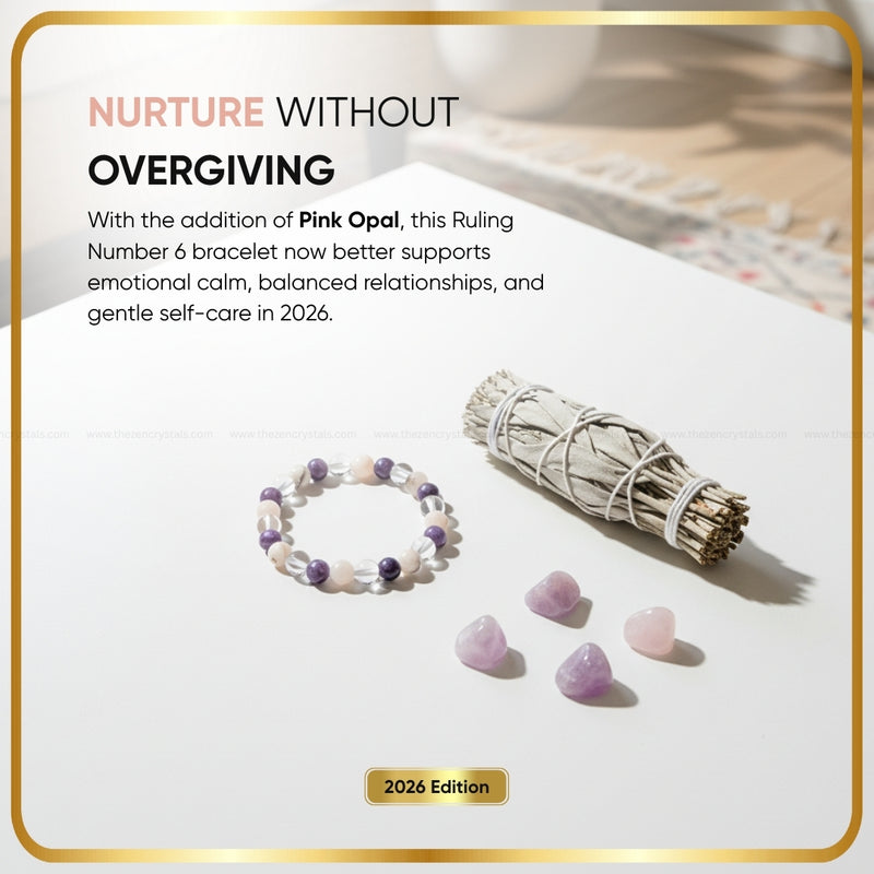 Ruling Number (मूलांक) 6 Bracelet 2026 with pink opal stones, crystals, and incense on a white surface with promotional text.