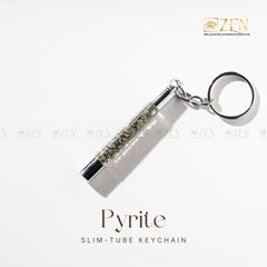 Pyrite Slim Tube - Keychain with authentic pyrite chunks in sleek glass tube design