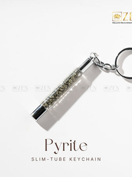 Pyrite Slim Tube - Keychain with authentic pyrite chunks in sleek glass tube design