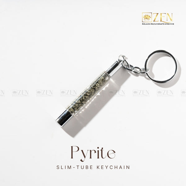 Pyrite Slim Tube - Keychain with authentic pyrite chunks in sleek glass tube design