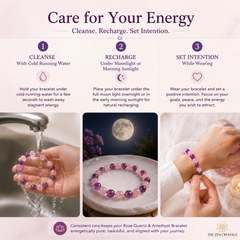 Instructions for caring for a Rose Quartz & Amethyst bracelet with images of cleaning, charging, and wearing.