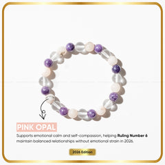 Ruling Number (मूलांक) 6 Bracelet 2026 with pink and purple beads on a white background