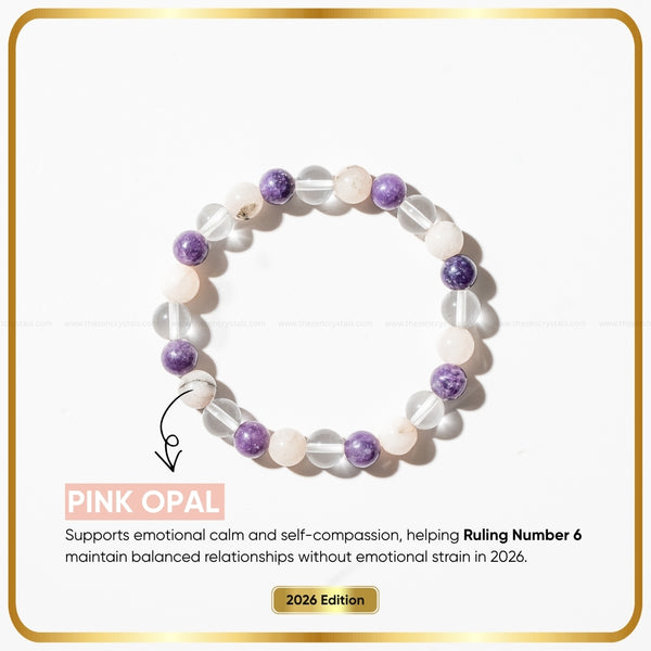 Ruling Number (मूलांक) 6 Bracelet 2026 with pink and purple beads on a white background