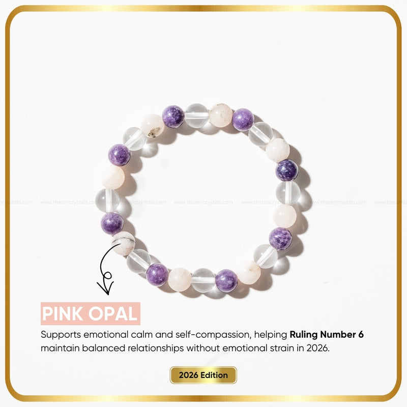 Ruling Number (मूलांक) 6 Bracelet 2026 with pink and purple beads on a white background