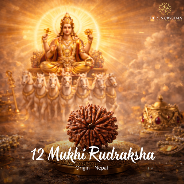 12 Mukhi Rudraksha with a divine figure in the background, featuring The Zen Crystals brand.