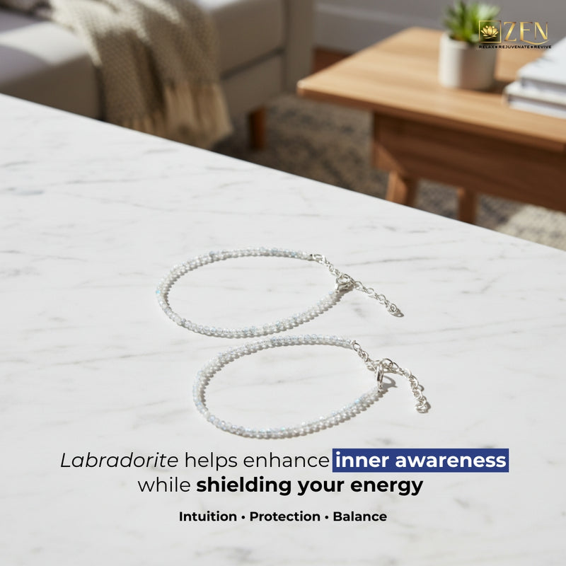 Two labradorite necklaces on a marble surface with promotional text about their benefits.