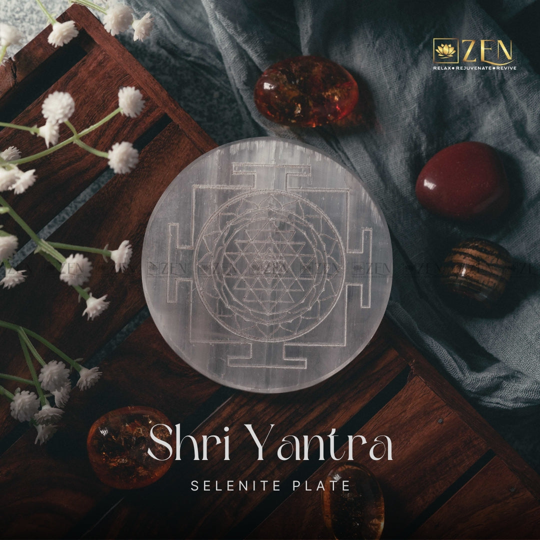 Selenite Plate - Shri Yantra Symbol | The Zen Crystals