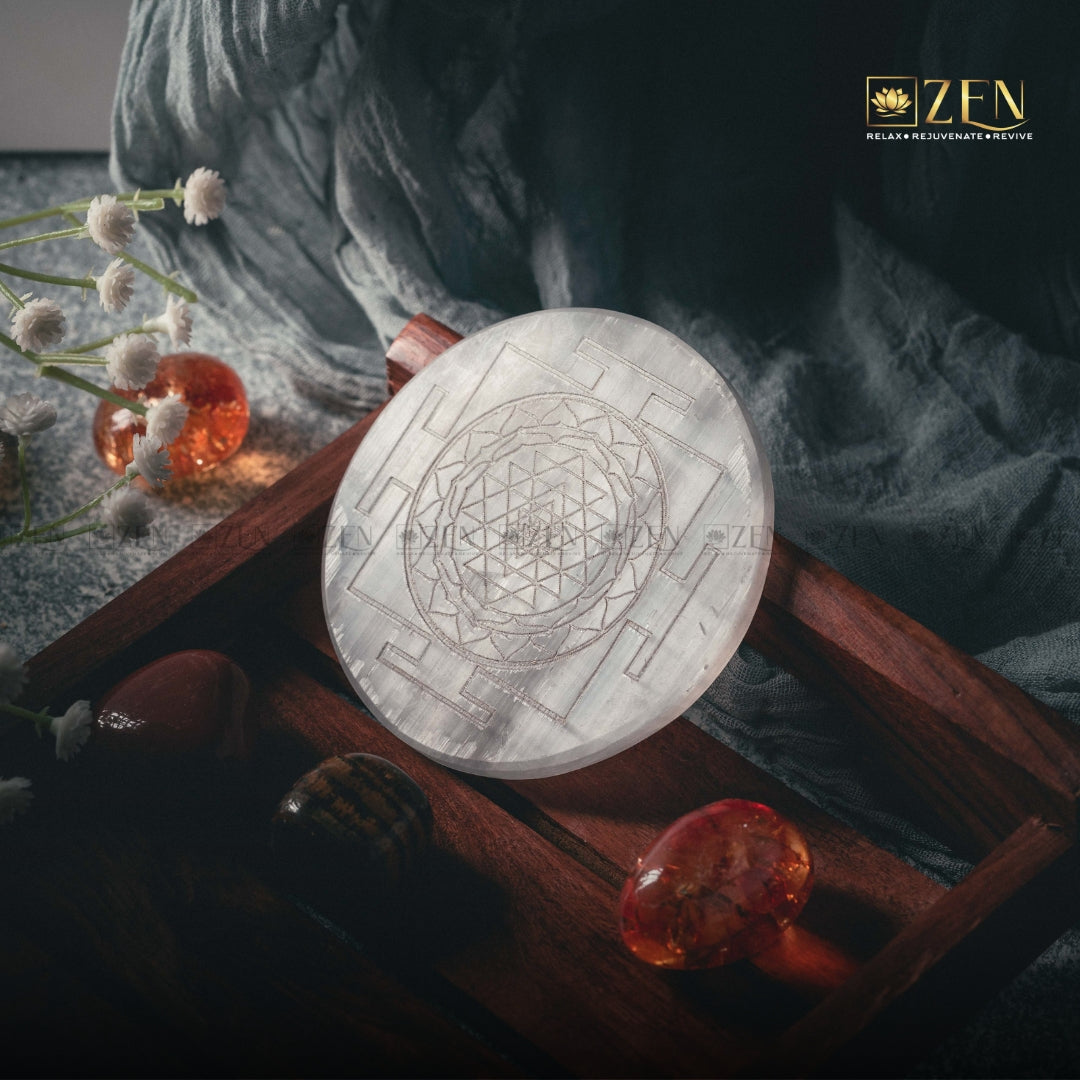 Selenite Plate - Shri Yantra Symbol | The Zen Crystals