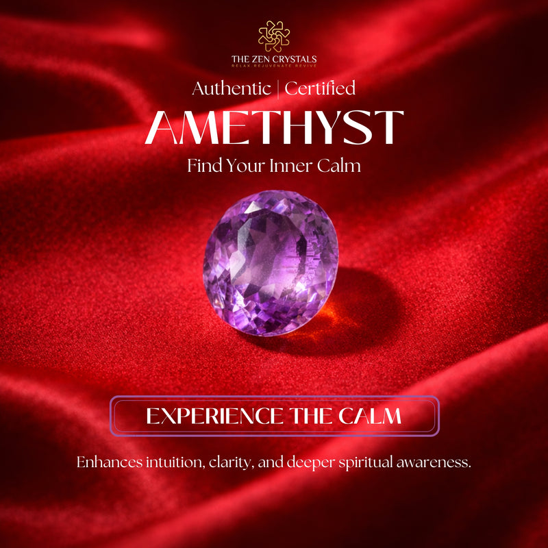 Amethyst gemstone on red fabric with 'The Zen Crystals' branding.