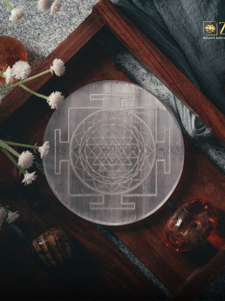 Selenite Plate - Shri Yantra Symbol | The Zen Crystals