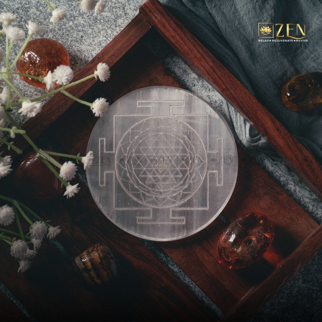 Selenite Plate - Shri Yantra Symbol | The Zen Crystals