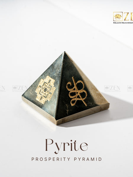 Pyrite Prosperity Pyramid with Shri Yantra engraving for harmony and spiritual growth