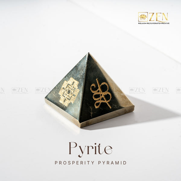 Pyrite Prosperity Pyramid with Shri Yantra engraving for harmony and spiritual growth