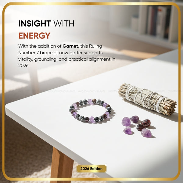 Ruling Number (मूलांक) 7 Bracelet 2026 bracelet with scattered stones on a white surface, with text about energy and alignment.
