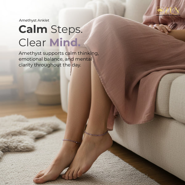 Person wearing an amethyst anklet with a blurred background of a living room.