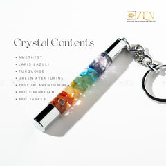 Crystal keychain with colored stones and 'Zen' brand logo on a white background