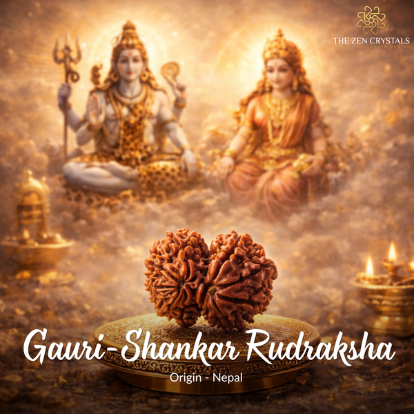 Gauri Shankar Rudraksha with deities in the background, featuring The Zen Crystals brand.