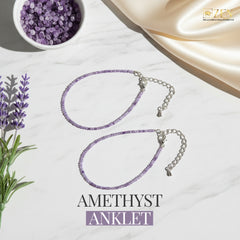 Amethyst anklet on a light background with lavender flowers and a bowl of amethyst stones.