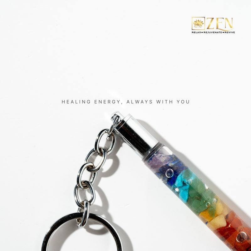 7 Chakra stone keychain with a white background and 'Zen' brand logo.