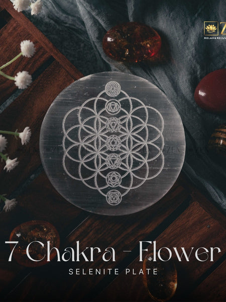Selenite Plate with 7 Chakras on Flower Of Life Symbol | The Zen Crystals