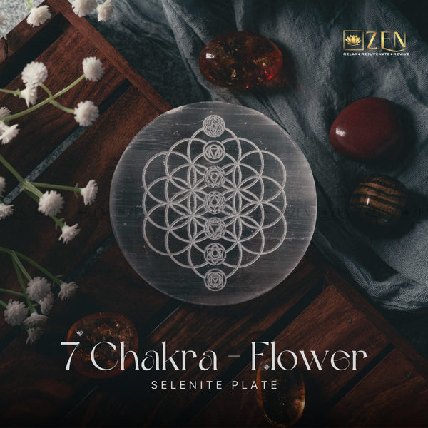 Selenite Plate with 7 Chakras on Flower Of Life Symbol | The Zen Crystals