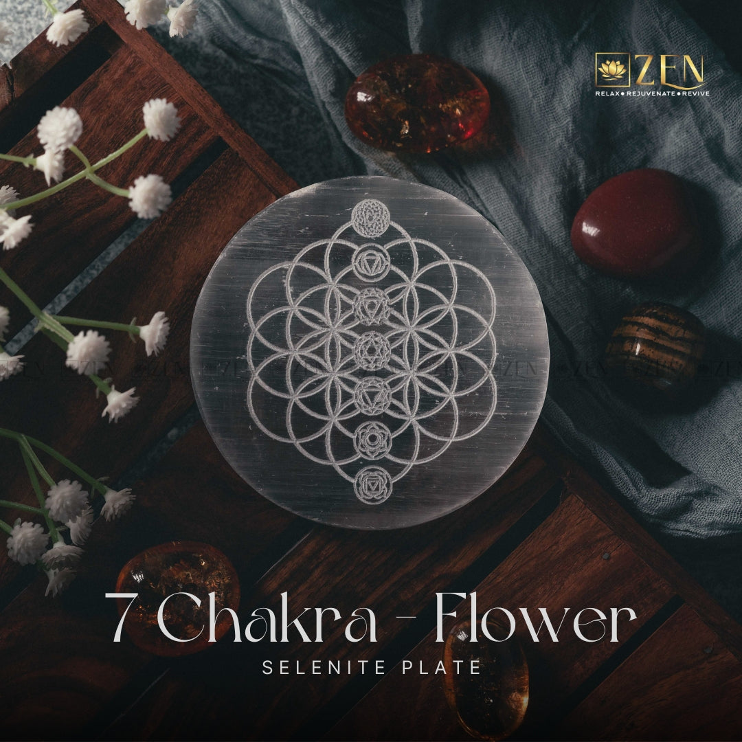 Selenite Plate with 7 Chakras on Flower Of Life Symbol | The Zen Crystals