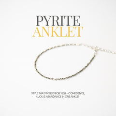 Pyrite anklet on a white background with text about its benefits.