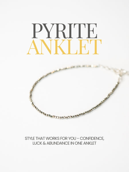 Pyrite anklet on a white background with text about its benefits.