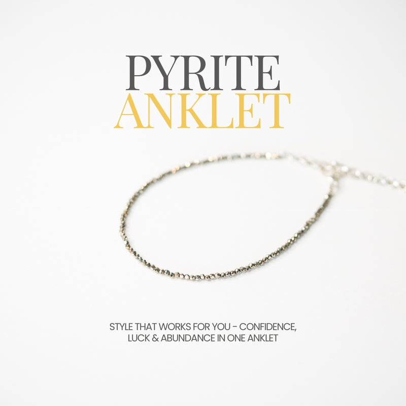 Pyrite anklet on a white background with text about its benefits.