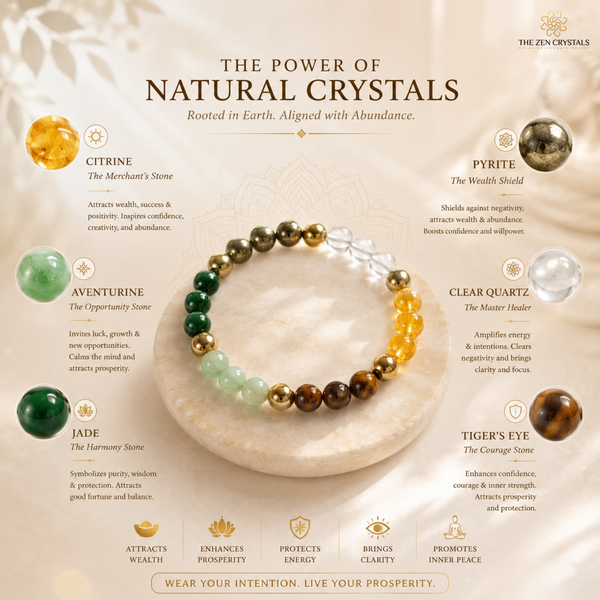Dhan Yog Bracelet with natural crystals on a stone surface, featuring information about each stone's properties.