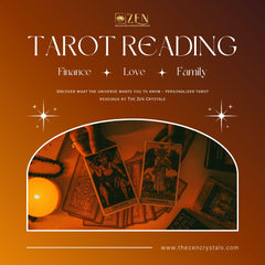 Advertisement for tarot reading services with tarot cards and a candle on a brown background.