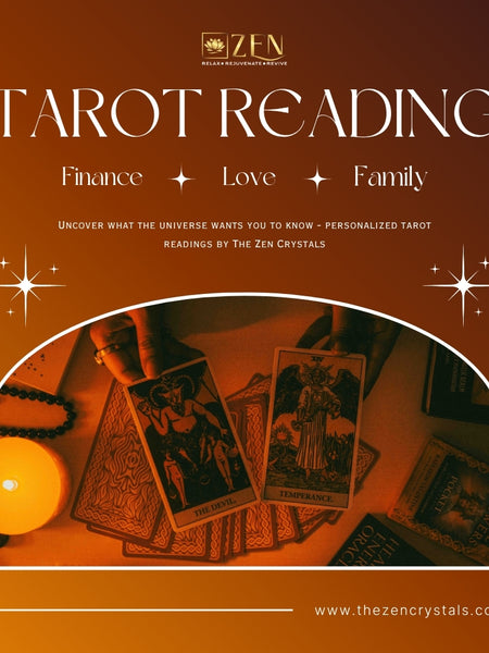 Advertisement for tarot reading services with tarot cards and a candle on a brown background.