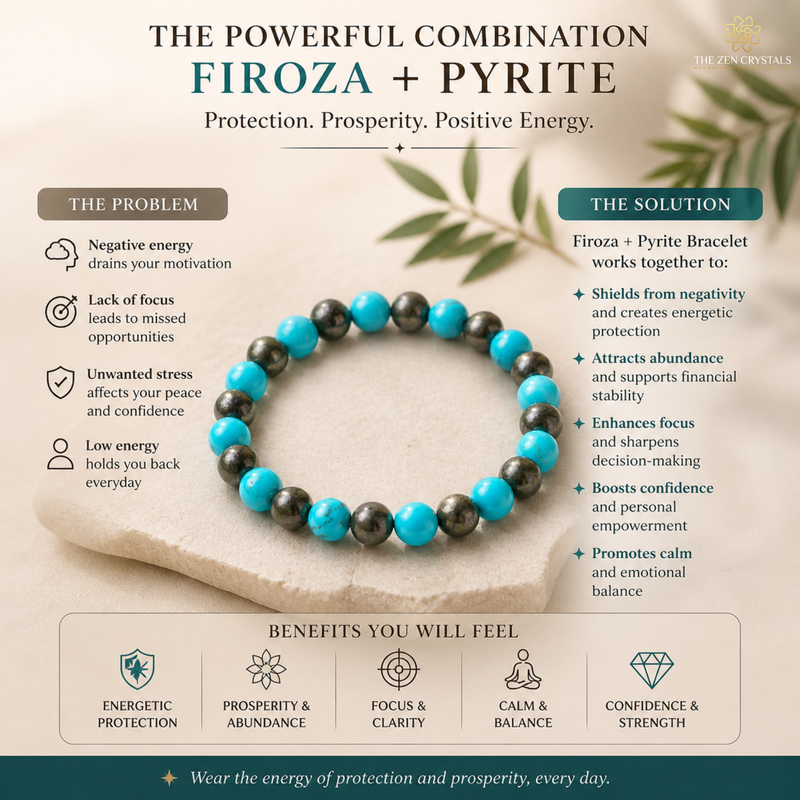 Bracelet with turquoise and pyrite on a stone surface with text about Firoza and Pyrite, their benefits, and how they work together.