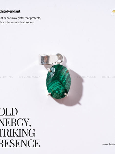 Malachite pendant with silver setting on a white background, featuring text about the crystal's properties and brand name.