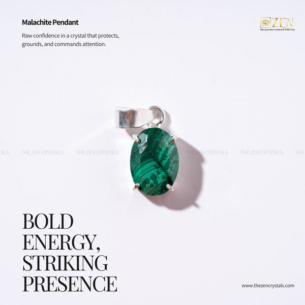 Malachite pendant with silver setting on a white background, featuring text about the crystal's properties and brand name.