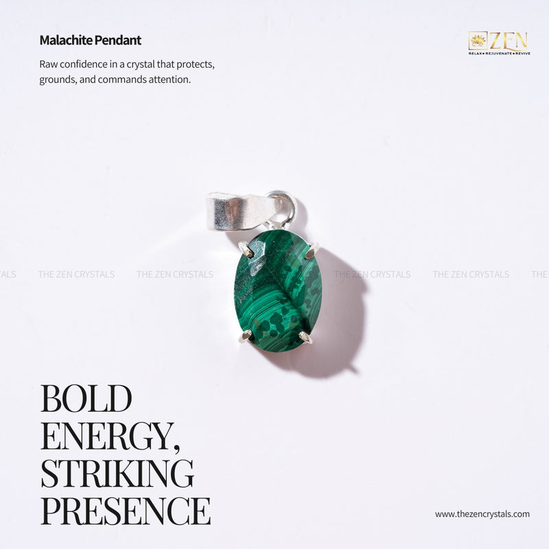 Malachite pendant with silver setting on a white background, featuring text about the crystal's properties and brand name.