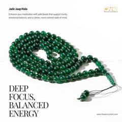 Green jade beads on a white background with text about meditation benefits and brand name 'Zen Crystals'.