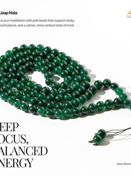 Green jade beads on a white background with text about meditation benefits and brand name 'Zen Crystals'.