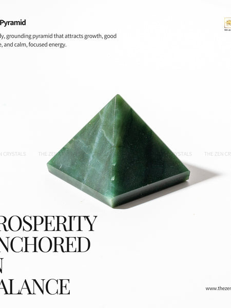 Green jade pyramid with text about its properties on a white background