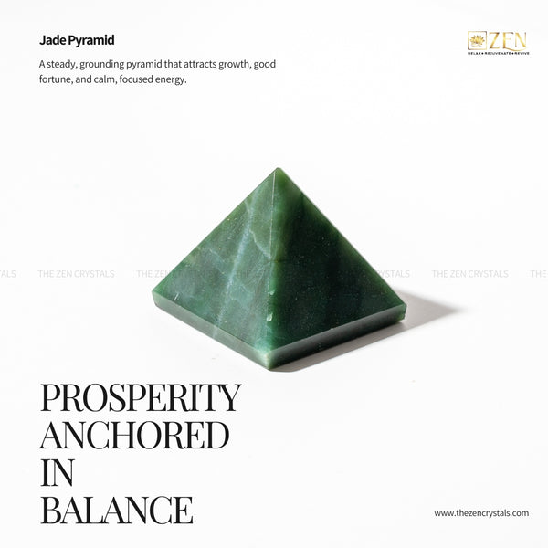 Green jade pyramid with text about its properties on a white background