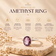 An amethyst ring displayed on a textured stone slab with a soft beige background and text detailing the purported benefits of amethyst, including calming the mind, promoting better sleep, and enhancing intuition. The brand name 'The Zen Crystals' is visible at the top.