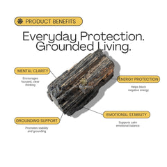 black tourmaline benefits listed on a white background